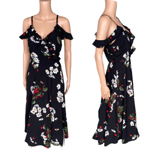 BLACK FLORAL CHIFFON MIDI DRESS - Picture 6 of 8